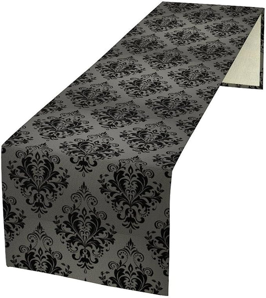 Black Damask Table Runner,Gothic Antique Victorian Floral Boho Table Runner for Home Kitchen Table Dining Garden Farmhouse Wedding Party Decor 13x120 Inch