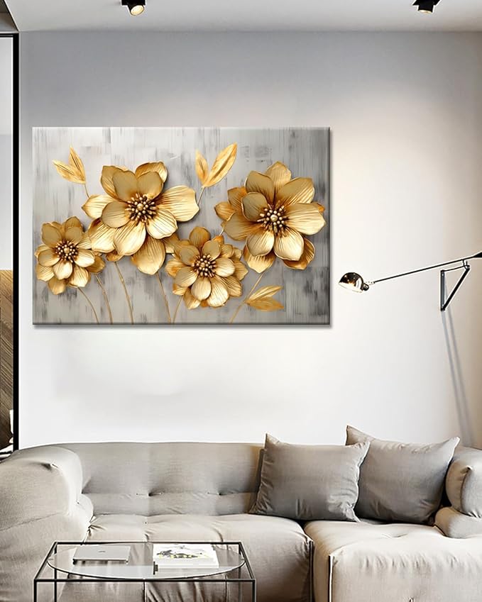 GLOKAKA Gold Metallic Flowers Print Wall Art Elegant Floral Flower Canvas on Grey Background Painting Picture Artwork for Living Room Bedroom Bathroom Decor (Gold Metallic Flowers, 24"x16")