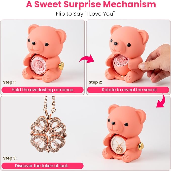 Cute Teddy Bear with Preserved Rose - A Real Rose Flower in Bear with Elegant Gift Box Romantic Gift for Mother's Day, Weddings, Anniversaries, Bridal (Pink)