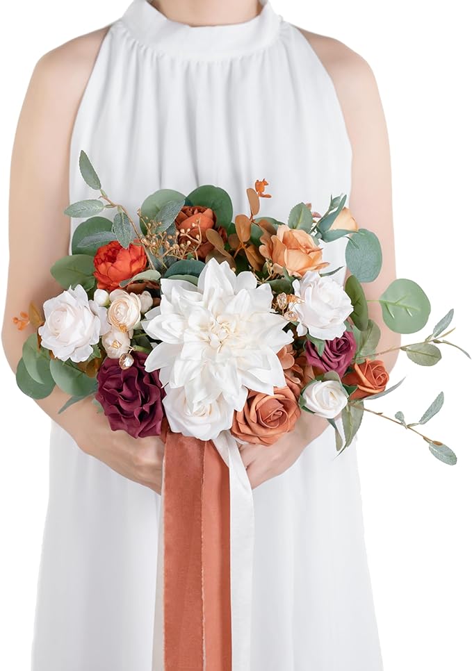 10 Inch Terracotta Bridal Bouquet,Burnt Orange Wedding Bouquet,Bride Bouquets for Wedding Ceremony Anniversary, Party and French Rustic Vintage,Artificial Flowers