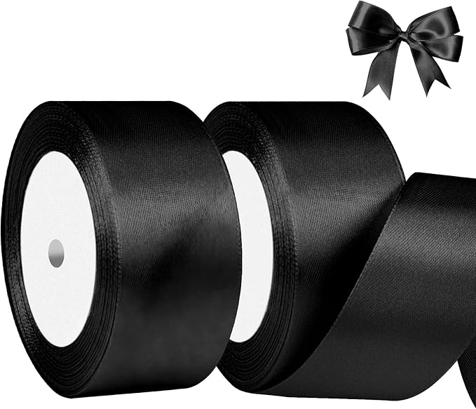 Black Satin Ribbon 1-1/2 Inch x 2 Rolls Black Wide Satin Fabric Ribbon for Gift Packaging, Christmas, Wedding, Flower Bouquet, Holiday Party, Invitation