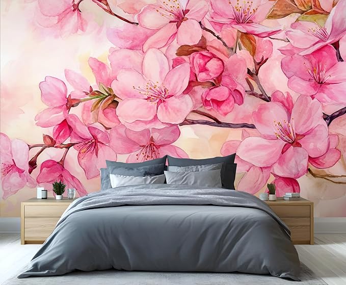 Watercolor Cherry Blossom Wall Mural, Japanese Cherry Blossom 3D Wall Murals, Simple Elegant Flowers Wallpaper Mural, for Living Room Bedroom Large Wallpaper Indoor Decor 197" W x124.8 H
