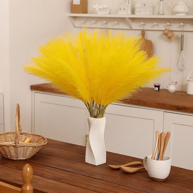 Faux Yellow Pampas Grass - 60pcs 24 Inch Short Artificial Pampas Grass Decor, Fake Pompas Floral for Vase Filler, Wedding Flower Arrangement, Party and Home Decor (Yellow, 60 Pieces)