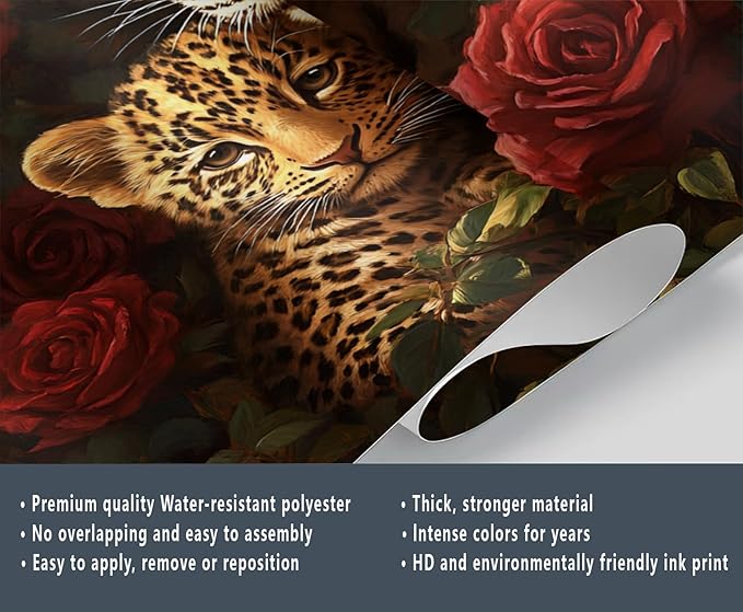 Jungle Rose Leopard Wall Mural, Big Cat Floral 3D Wall Murals, Wild Animal Leopard Wallpaper Mural, for Living Room Bedroom Large Wallpaper Indoor Decor 157.5" W x110.3 H