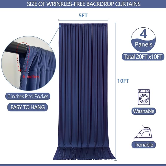 20x10ft Wrinkle Free Navy Blue Backdrop Curtain for Parties Soft Fabric Drapes Wedding Curtain Backdrop for Birthday Party Decorations Background for Photography 5x10ft, 4 Panels
