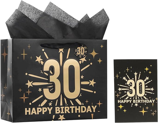 Bloomwords 30th Birthday Gift Bag Set with Card & Tissue – 13" Elegant Keepsake Party Bags for Unisex Anniversaries, Gift Wrapping & Celebrations