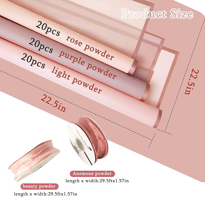 Cenbee 60 Sheets Translucent Gold Edge Floral Wrapping Paper, 23 x 23 Inch, with 20 Yards Ribbon, DIY Crafts Gift Box Packaging, Bouquet Supplies (Pink)