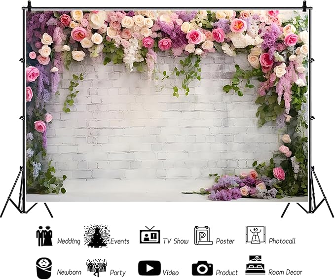 5x3ft Wedding Backdrop Rustic White Brick Wall Flowers Photography Background Bridal Shower Wedding Party Adults Portraits Decoration Supplies Photo Booth Props
