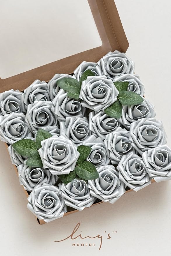 Ling's moment Artificial Flowers 25Pcs Shimmer Grey Roses Decor w/Stems,3" Real Touch DIY Foam Floral for Wedding Bouquet/Centerpieces, Outdoors Party Backdrop, Room/Table, and Garden/Pot Decorations