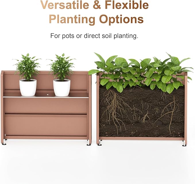 GSK Lighted Brown Metal Planter Box with LED Outdoor | Indoor Rectangular Flower Trough Built-in Light Versatile Rectangle Lighting Planters Easy Assemble Insert Drainage Hole Porch Patio Tarrace Yard