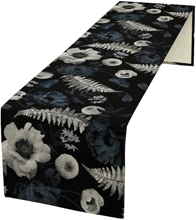 Vintage Floral Table Runner,Gothic Blue White Retro Floral Plant Print Table Runner for Home Kitchen Table Dining Indoor Outdoor Party Decor 13x36 Inch