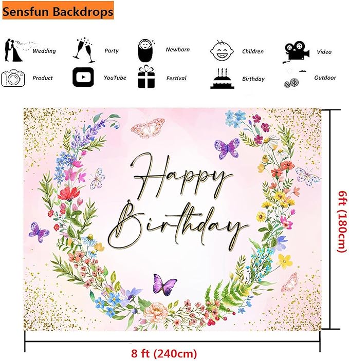 Sensfun Wildflower Happy Birthday Backdrop Banner Wild Flower Birthday Decorations,Spring Floral Butterfly Photography Background for Girls Wildflower One Birthday Party Decor Photo Booth Props 8x6ft