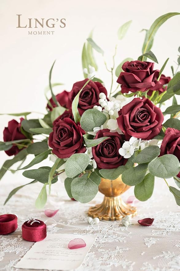 Ling's moment Artificial Burgundy Flowers, 16pcs Faux Silk Roses with Stems, 3.5" Fake Wine Red Flowers Bulk for DIY Wedding Bouquets Centerpieces Party Baby Shower Home Decoration