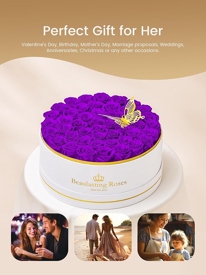 Preserved Roses Forever Flowers Real Roses in a Box Mother's Day Birthday Flowers for Her Mom Women Wife Valentine's Day, 47 Purple Roses