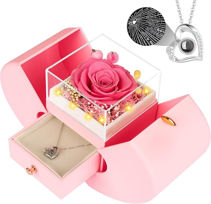 Preserved Pink Real Rose with I Love You Necklace, Eternal Flowers Rose Birthday Gifts for Women Her Mom Wife Girlfriend Grandma on Valentines Mothers Day Christmas Anniversary Romantic-Pink