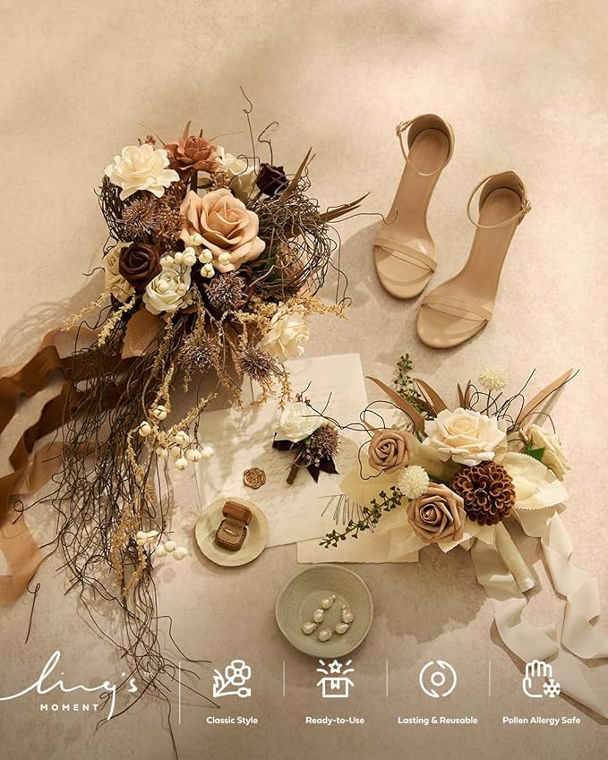 Ling's moment Beige Bridal Bouquet Cascading, Brown Wedding Bouquets for Bride, 13 Inch Bride Bouquets for Wedding Artificial Flowers Bouquets