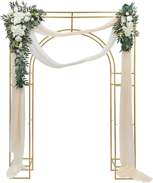 Wedding Arch Backdrop Stand, 7.9 Ft Heavy Duty Gold Metal Square Wedding Arch, 3D Floral Balloon Frame Flower Stand for Garden Indoor Outdoor Party Birthday Parties Engagements Decoration
