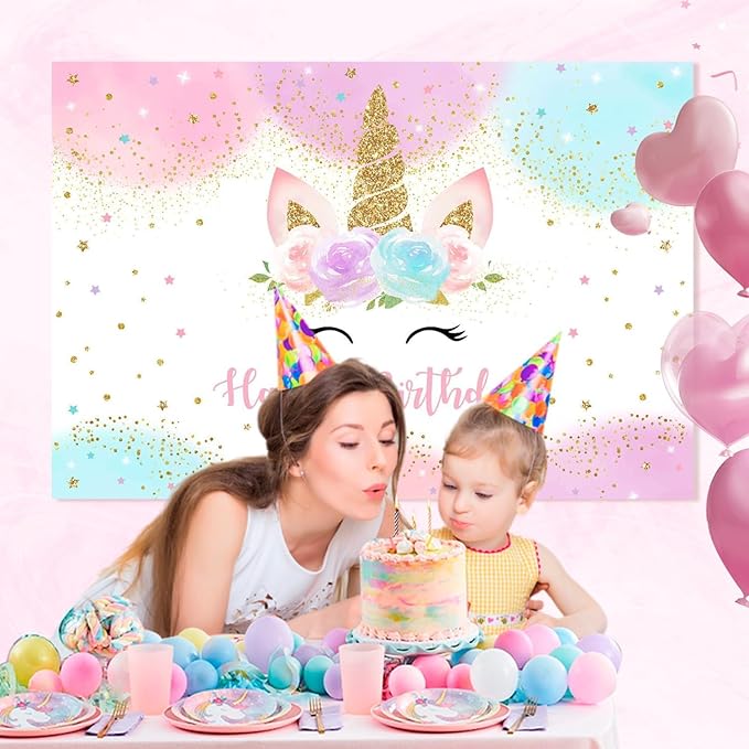 Mocsicka Unicorn Birthday Decorations Backdrop for Girls Party 8x6ft Pastel Rainbow Glitter Stars Dots Happy Birthday Banner Photo Booth Props