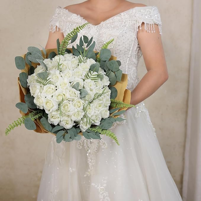 YXZZWL 60 Pcs Artificial Roses in Bulk, Fake Silk Roses Realistic Roses Stem Faux Roses Bouquet for Wedding Centerpieces Flower Arrangement Home Decor (White)