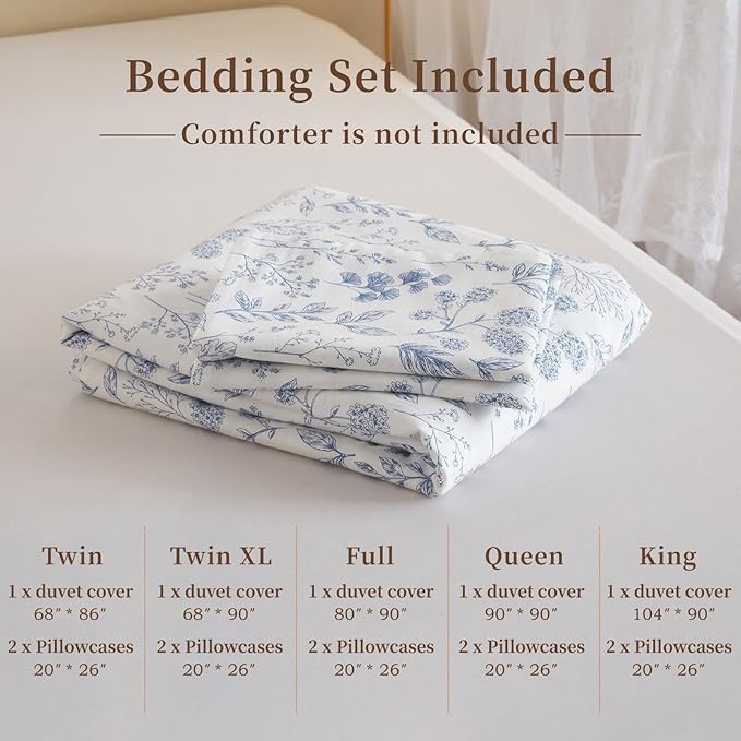 EAVD Chic Fresh Blue Floral Duvet Cover Twin White Soft 100% Cotton Garden Aesthetic Floral Bedding Set with 2 Pillowcases Cottagecore Botanical Duvet Cover with Zipper Closure