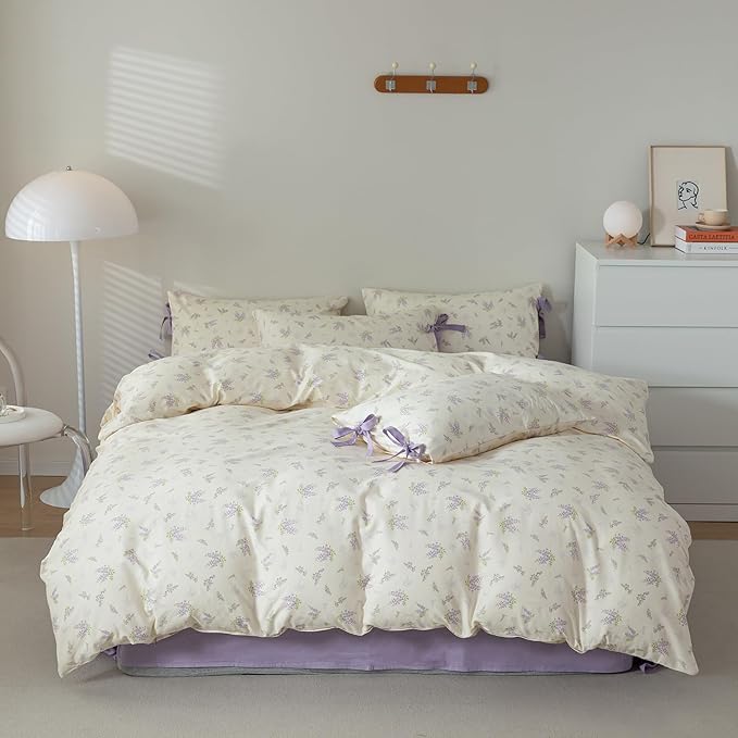 EAVD Botanical Floral Duvet Cover King Soft 100% Cotton Chic Garden Floral Bedding Set with 2 Pillowcases Fresh Purple Floral Comforter Cover with Zipper Closure Ties