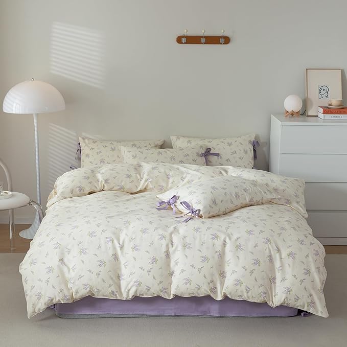 AOJIM Vintage Style Floral Print Duvet Cover Set for Room Decor, Cotton Kids Adults Bedding Comforter Cover with Purple Floral Pattern,1 Twin Quilt Cover 68x86'' and 2 Pillowcases 20x26'' with Bowknot