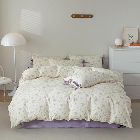 AOJIM Vintage Style Floral Print Duvet Cover Set for Room Decor, Cotton Kids Adults Bedding Comforter Cover with Purple Floral Pattern,1 Twin Quilt Cover 68x86'' and 2 Pillowcases 20x26'' with Bowknot