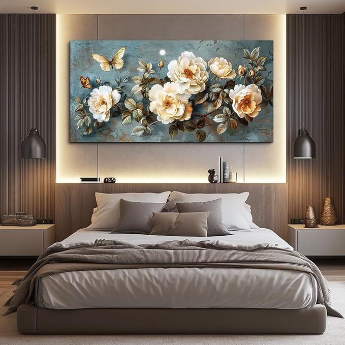 PHAOHUAXM Large Canvas Wall Decor Living Room For Wall Art For Bedroom Office Home Decor Abstract White Flower Wall Painting Printing Pictures Artwork Modern Restaurant Decoration Aesthetic 30"x60"