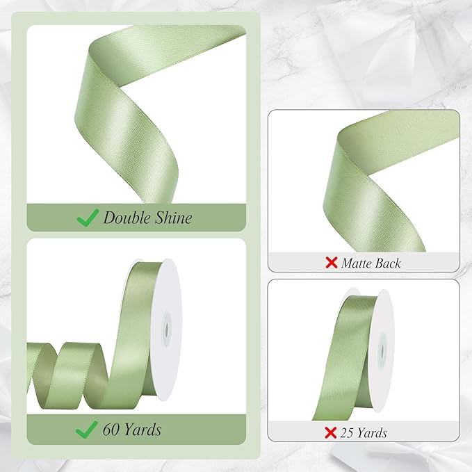 Sage Green Ribbon 1 Inch 60 Yards Double-Sided Fabric Light Green Satin Ribbon for Gift Bags Baskets Dorm Room Decor Wedding Gift Wrapping Cake Hair Bows Handmade Project