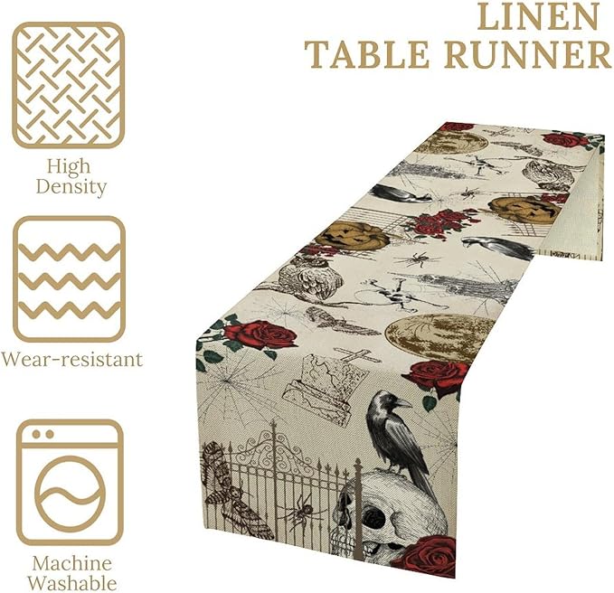 Gothic Floral Table Runner, Retro Dark Skull Crow Vintage Flower Halloween Pumpkin Witchy Coffee Table Center Decor for Home Kitchen Dining Patio Holiday Party Table Decorations 13x36 inches