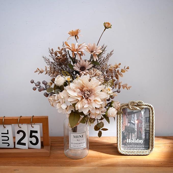 16-inch Artificial Fake Flowers Silk Table Arrangements Faux Plastic Floral Centerpieces for Home with Roses, Dandelions, Daisies, Hydrangea, Eucalyptus, Chrysanthemums and Hollyberries
