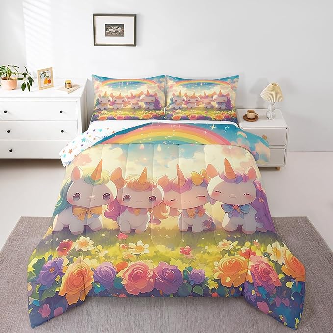 Unicorn Comforter Set Queen Size,Reversible Cute Unicorn Rainbow Cartoon Horse Animal Bedding Set for Women Adult,Kawaii Style Flowers Galaxy Cloud Luxury Bed Duvet Insert, 2 Pillowcases