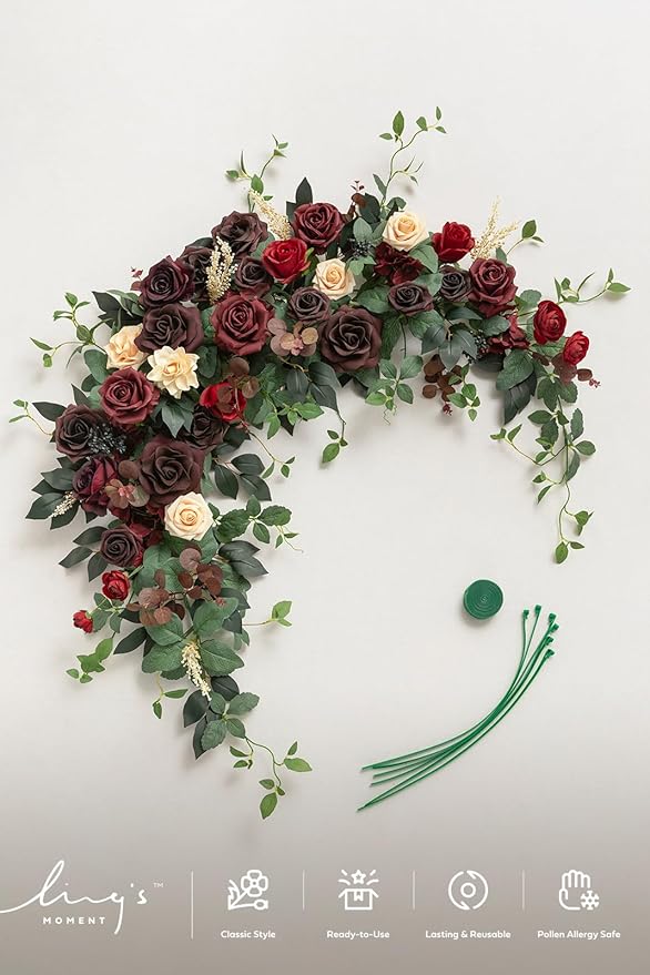 Ling's moment Wedding Arch Flowers - 6.5FT Floral Garland for Ceremony Arbor Backdrop Decoration - Artificial Rose Floral Swag for Sweetheart Table Birthday Party, Baby Shower, Masala Red