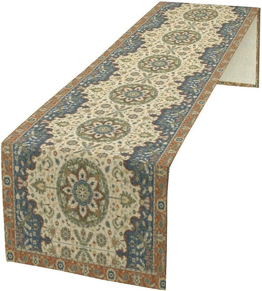 Boho Bohemian Table Tunner, Vintage Neutral Traditional Mandala Floral Blue Beige Medallion Table Runner for Kitchen Dining Outdoor Indoor Home Decor, 13x120 Inch