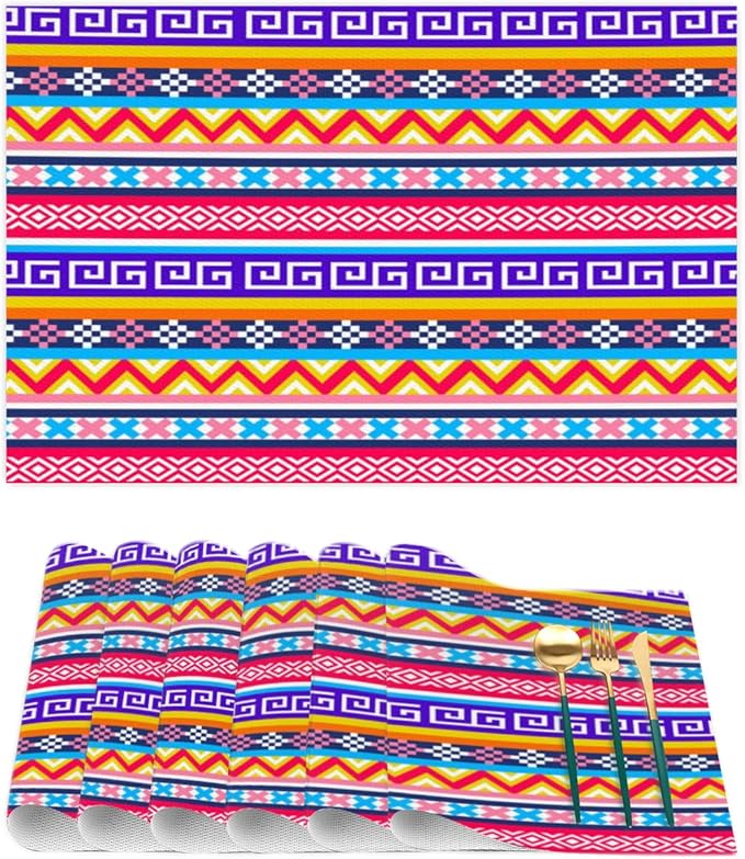 Aztec Rainbow Western Placemats Set of 6 PVC Vinyl Non Slip Table Mats Waterproof Heat Resistant Place Mats Washable Wipeable Dining Table Mat for Kitchen Party Indoor Outdoor Decorative