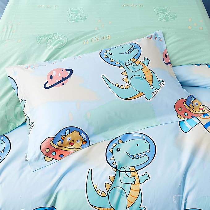 SAPHREAS Cartoon Dinosaur Kids Duvet Cover Set Queen Size 4pcs with Fitted Sheet 100% Cotton Children Bedding Comforter Cover Set, Comforter Not Included