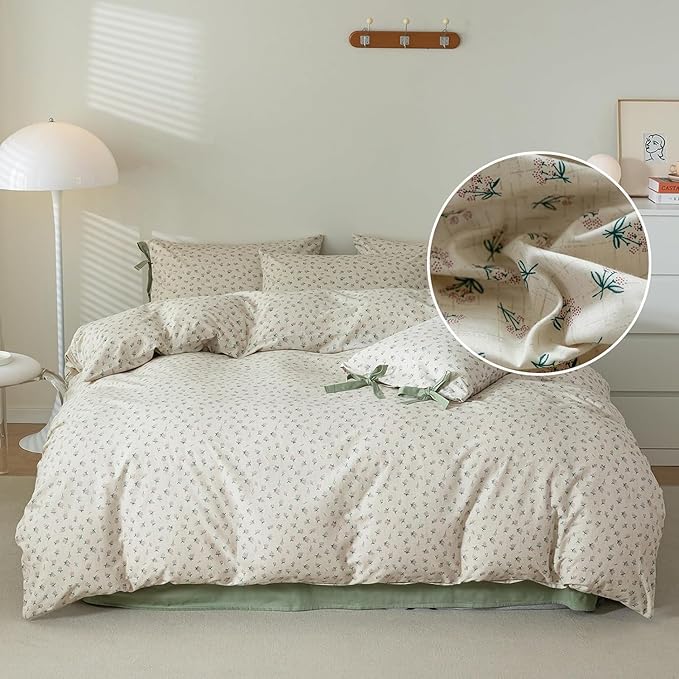LifeTB Vintage Floral Duvet Cover Full Garden Style Aesthetic Green Flower Comforter Cover with Zipper Closure Boho Cottagecore Duvet Cover Botanical Cotton Comforter Cover with 2 Bowknot Pillowcases