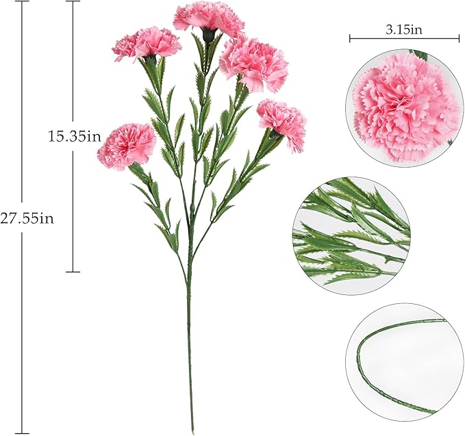 IPOPU Pink Carnations Artificial Flowers 6PCS 30 Heads Silk Carnations 27.56in Artificial Flowers with Stems for Wedding Home Table Centerpieces Floral Arrangements(Pink)