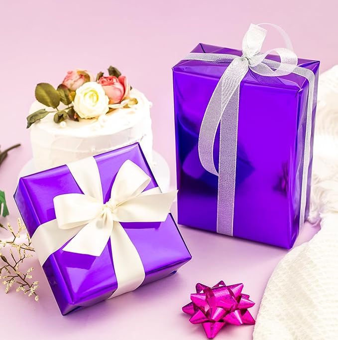 Merture Purple Wrapping Paper Roll - 17 In X 32.8 Ft(46.5 sq.ft.) Metallic Solid Color Purple Gift Wrap with Cutting Lines for Birthday, Valentines Day, Halloween, Mothers Day, Baby Shower, Graduation