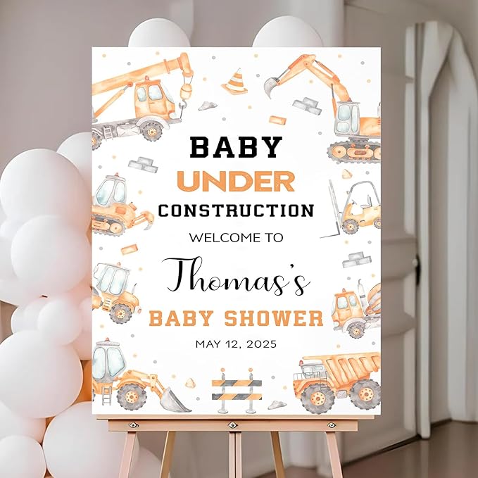 Custom Baby Shower Sign Outdoor, Personalized Baby Boy Shower Yard Sign Orange, Under Construction Party Signs Decoration Theme