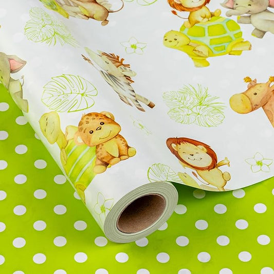 Homeral Baby Shower Jumbo Wrapping Paper Roll - Neutral Cute Safari Animals & Polka Dot Pattern, Reversible Green Newborn Gift Wrap for Baby Shower, 1st Birthday, Party - 30 Inch x 100 Feet