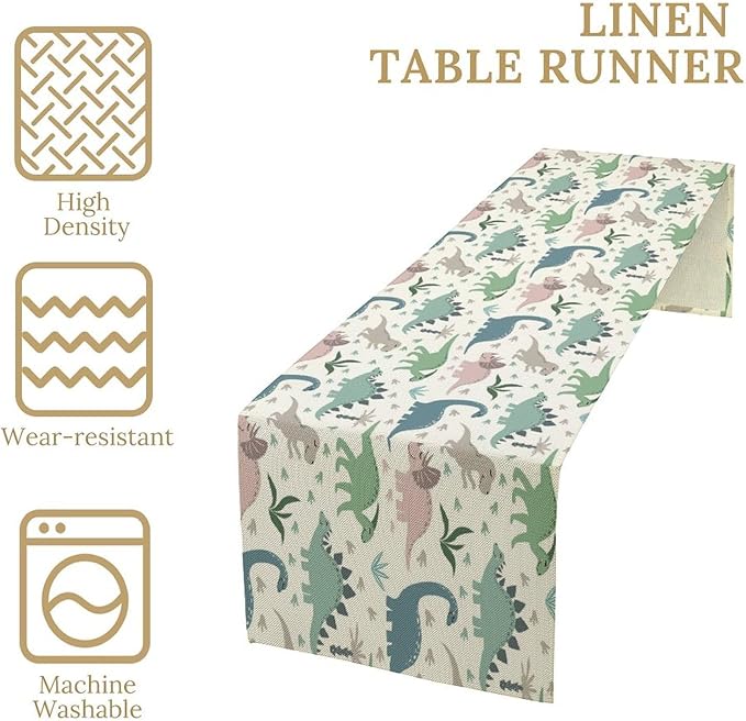 Cartoon Dinosaur Table Runner,Kids Boys Cute Colorful Animal Dino Abstract Print Tablecloth Burlap for Hotel Indoors Outdoor Dining Room Kitchen Holiday Party, 13x80in