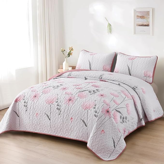 Dinjoy Quilt Set Full Size Pink, Floral Bedspread Set 3 Pieces Reversible Summer Bedding Set Microfiber Lightweight Bedspread Coverlet Farmhouse Set for Women Girls 78"x90"