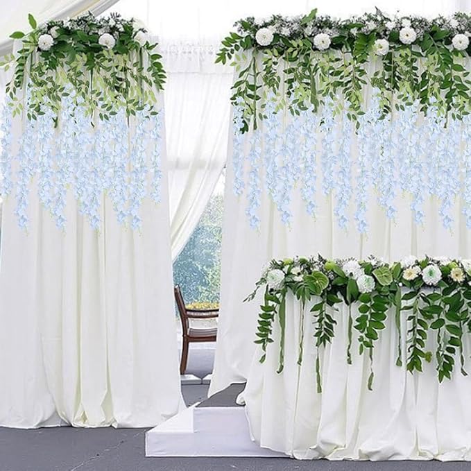 12Pack Wisteria Hanging Flowers Vines 3.6ft Blue Artificial Flowers Fake Wisteria Bushy Garland Silk Flowers Hanging Rattan String for Garden Home Wall Wedding Party Decor (Sky Blue)