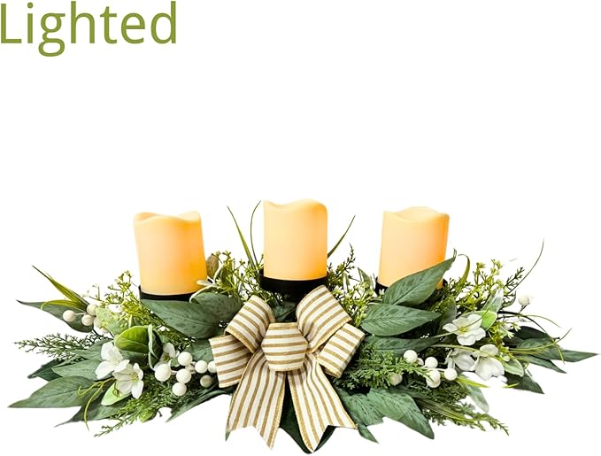 Candle Holder Centerpiece for Table,3 Wick Candle Holder with Artificial Gypsophila Flower,Artificial Eucalyptus Leaves Magnolia Holly Berries and Striped Bow for Table Centerpiece Decor,Dining Room