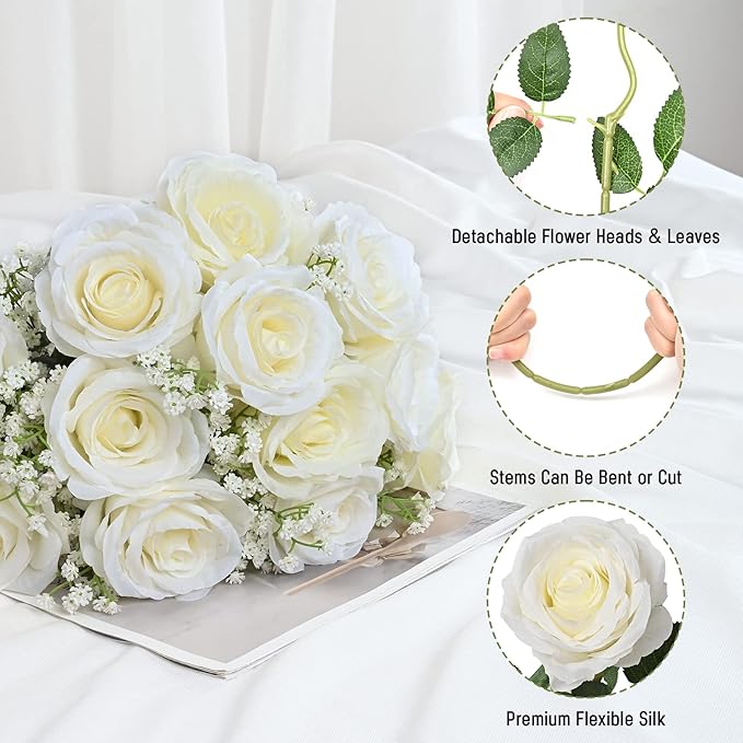 Waipfaru 20 Pcs Fake White Roses Babys Breath Artificial Flowers Bulk, Silk White Rose Faux Babys Breath with Long Stems for Wedding Bouquet Vase Flower Arrangement