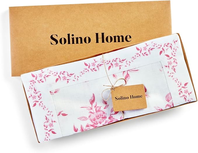 Solino Home Pink Floral Print Table Runner 90 Inches Long - 100% Pure Linen Table Runner 14 x 90 Inch - Handcrafted and Machine Washable - Jolie Fleur Print