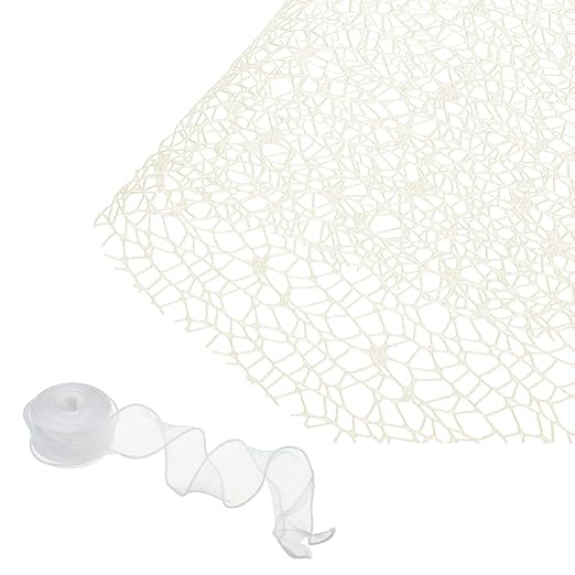 PATIKIL Flower Wrapping Mesh Paper, 15ft Floral Bouquet Craft Packaging Hollow Net Yarn with Ribbon for Flowers Gift Packaging, Cream White
