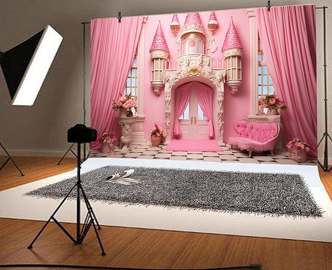 9x6ft Pink Princess Castle Backdrop Curtain Window Door Room Interior Background for Photography Sofa Flowers Vases Banner Decorations Girl Kids Birthday Baby Shower Party Photo Booth Props