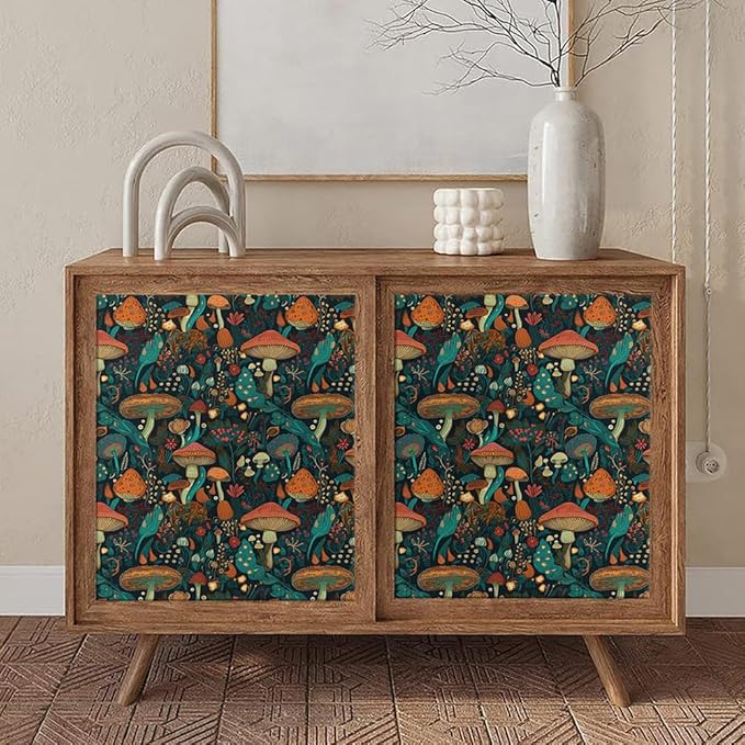 Dark Green/Brown/Teal Blue Mystical Forest Mushroom Peel and Stick Wallpaper Easy Peel Off Contact Paper Stick on Adhesive Wall Paper for Bathroom Waterproof Renter Friendly